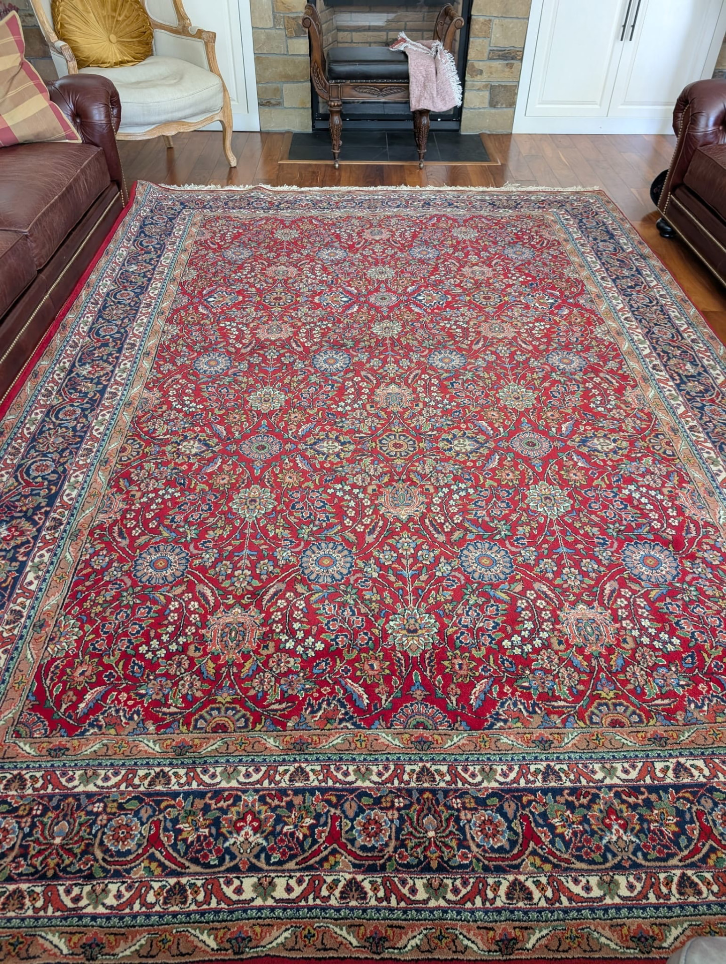 Very fine hand-knotted Tabriz design 9x12 wool rug in red, navy and ivory