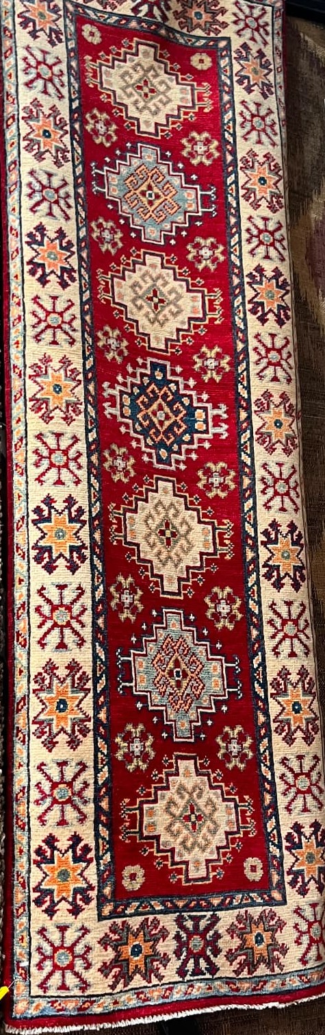 Hand-knotted Super Kazak wool runner 2.6x6 from Pakistan in red, ivory, gold and light blue